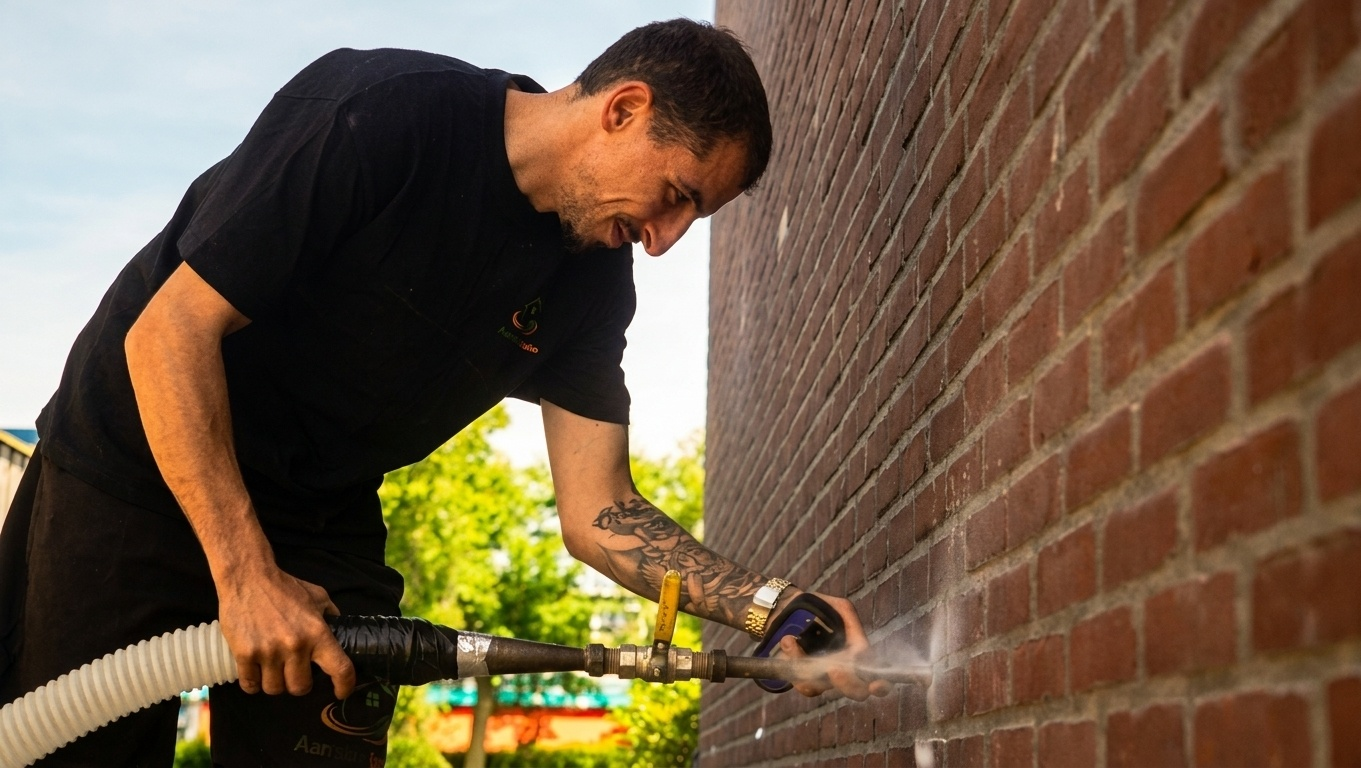 Monteur vult de spouwmuur van een woning met isolatieparels via een injectiegat