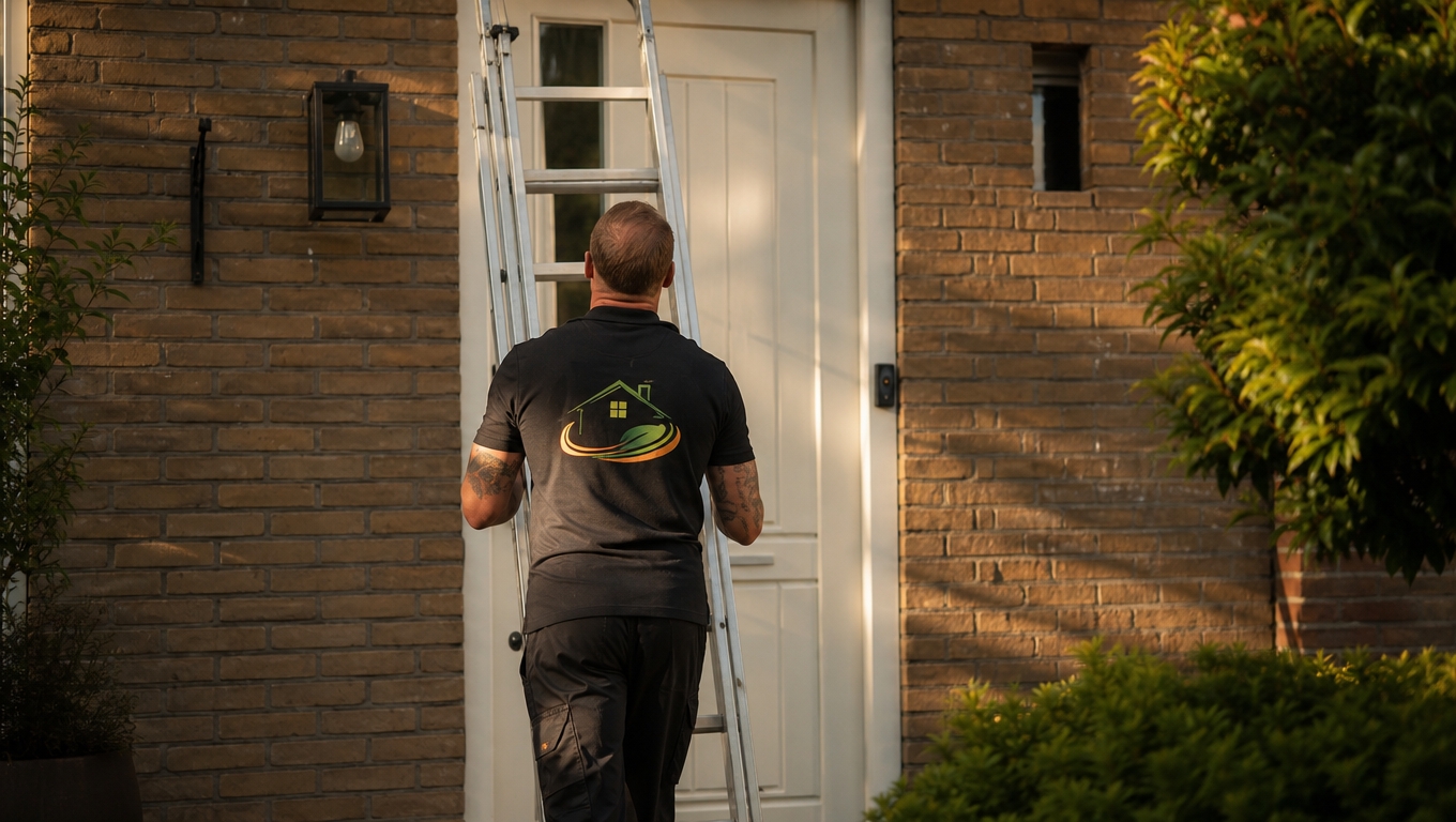 Monteur loopt met de ladder naar de voordeur van een woning